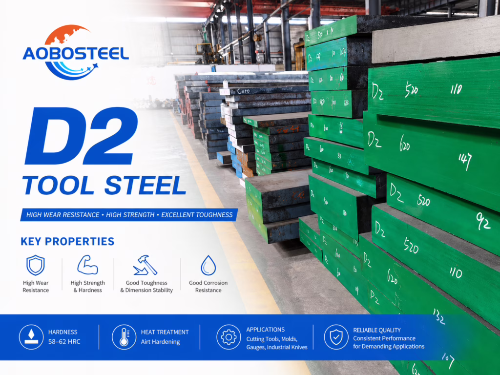 D2 tool steel flat bars in warehouse – 1.2379 / SKD11 cold work tool steel stock for industrial applications