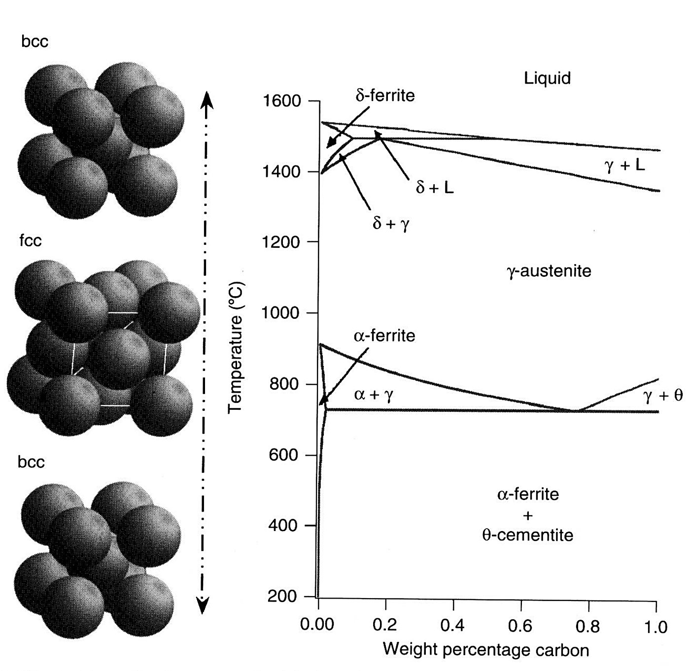 Calculated metastable iron-carbon diagram with the stability fields of austenite, ferrite and cementite, beside the bcc and fcc unit cells