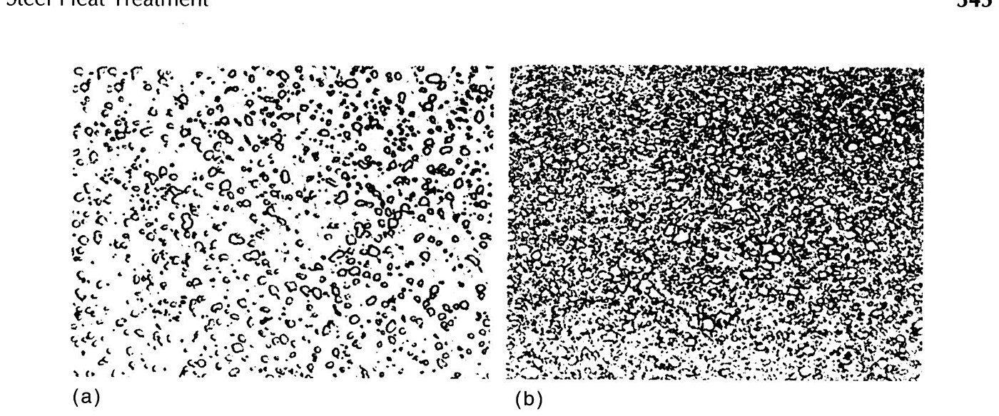 Micrographs of a medium-carbon low-alloy steel and a high-speed steel after soft annealing, showing spheroidized carbides in a ferritic matrix