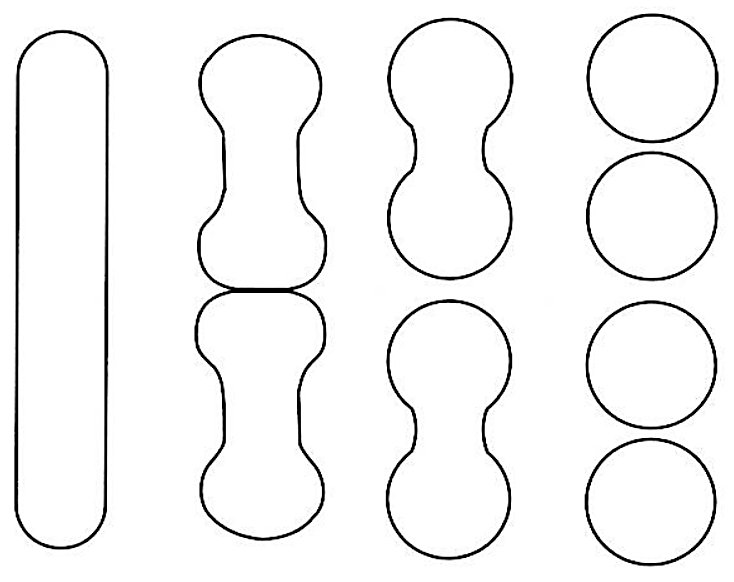 Schematic of the change from cementite lamellae to spheroids during soft annealing, drawn as five stages