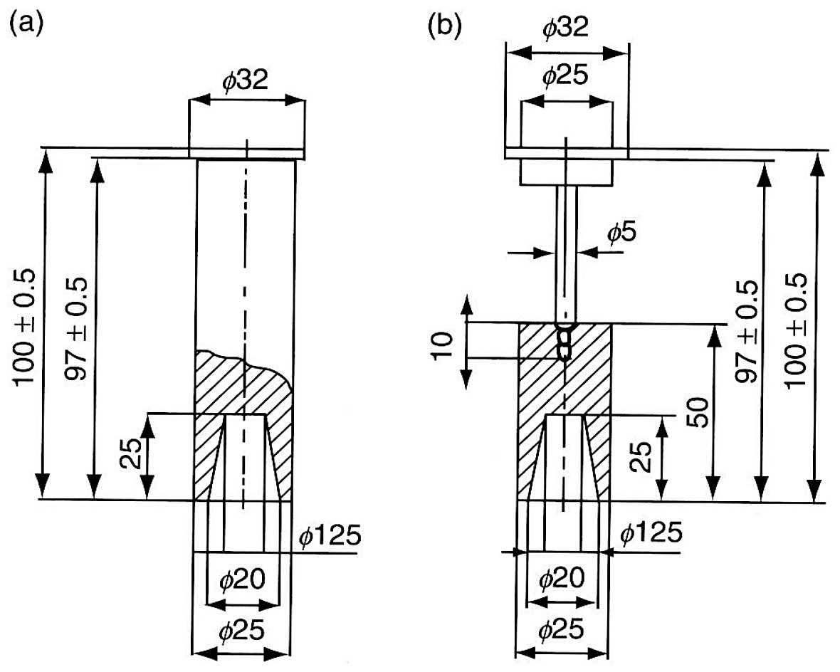 Two L specimens used for Jominy hardenability testing of shallow-hardening steels, dimensions in millimetres