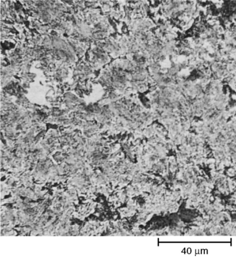 AISI O1 tool steel as-rolled with bainite, martensite and pearlite, 4% picral, 500x