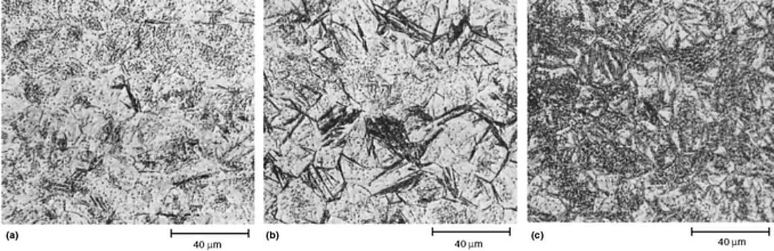 AISI S7 tool steel microstructure at three continuous cooling rates, martensite and bainite, 4% picral, 500x