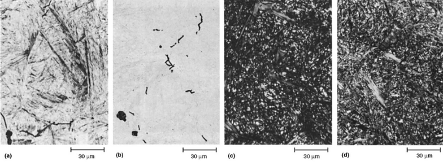 AISI W1 tool steel etched with four different etchants, martensite and retained austenite, 500x