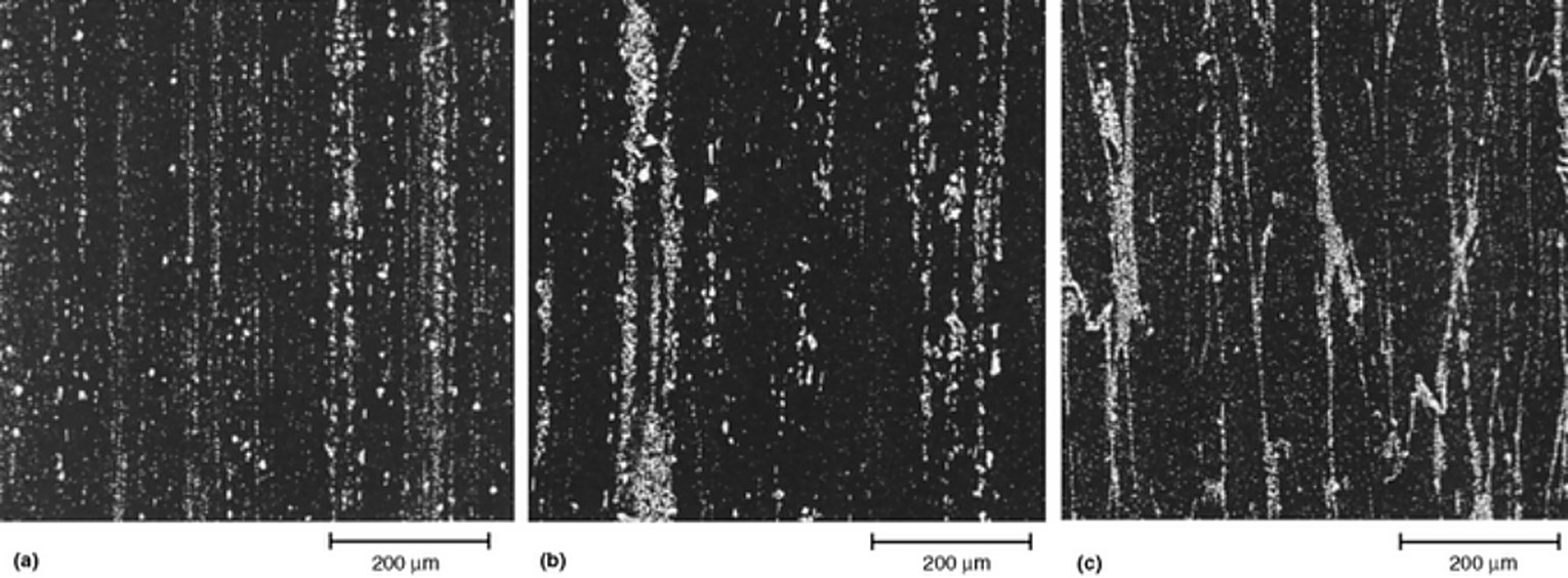 Carbide segregation at the centre of M2 round bar at three diameters, 10% nital, 100x