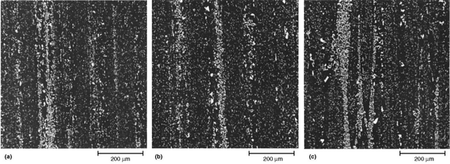 Carbide segregation at the centre of T1 round bar at three diameters, 10% nital, 100x