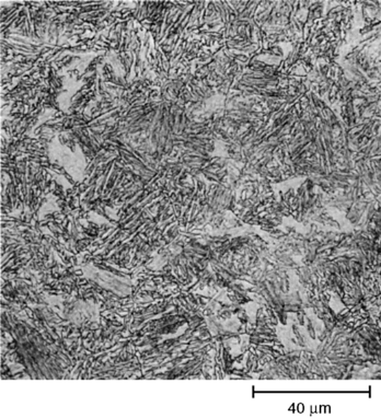 AISI S4 tool steel as-rolled and faster cooled, bainite and martensite, 4% picral, 500x