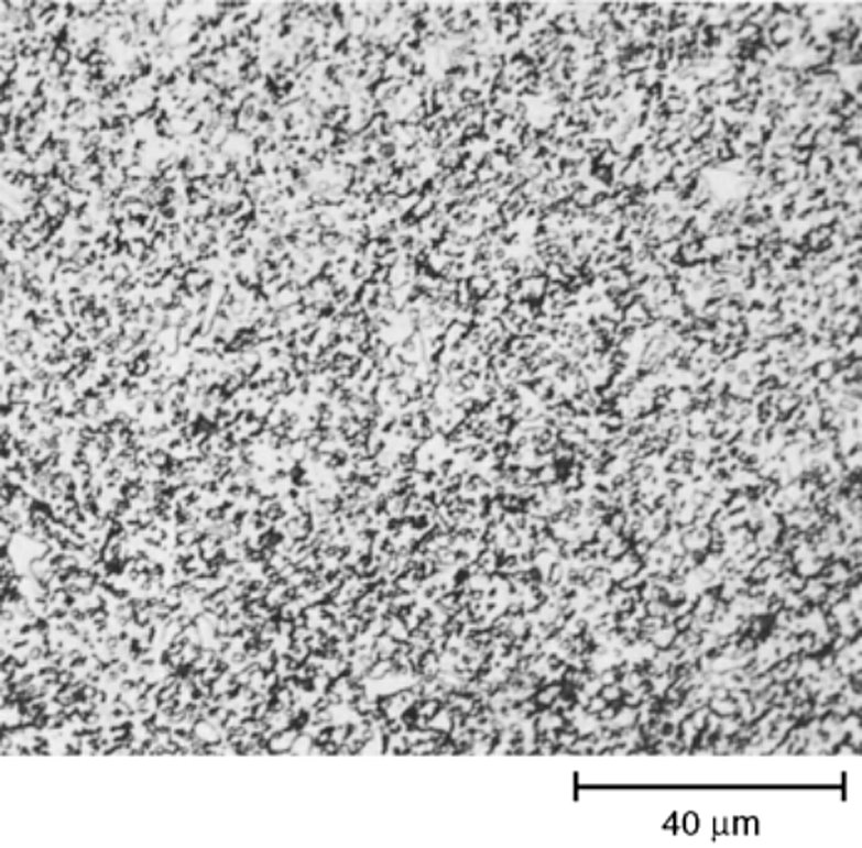 AISI H26 tool steel annealed, fine alloy carbide dispersion in ferrite, 22 to 23 HRC, 500x