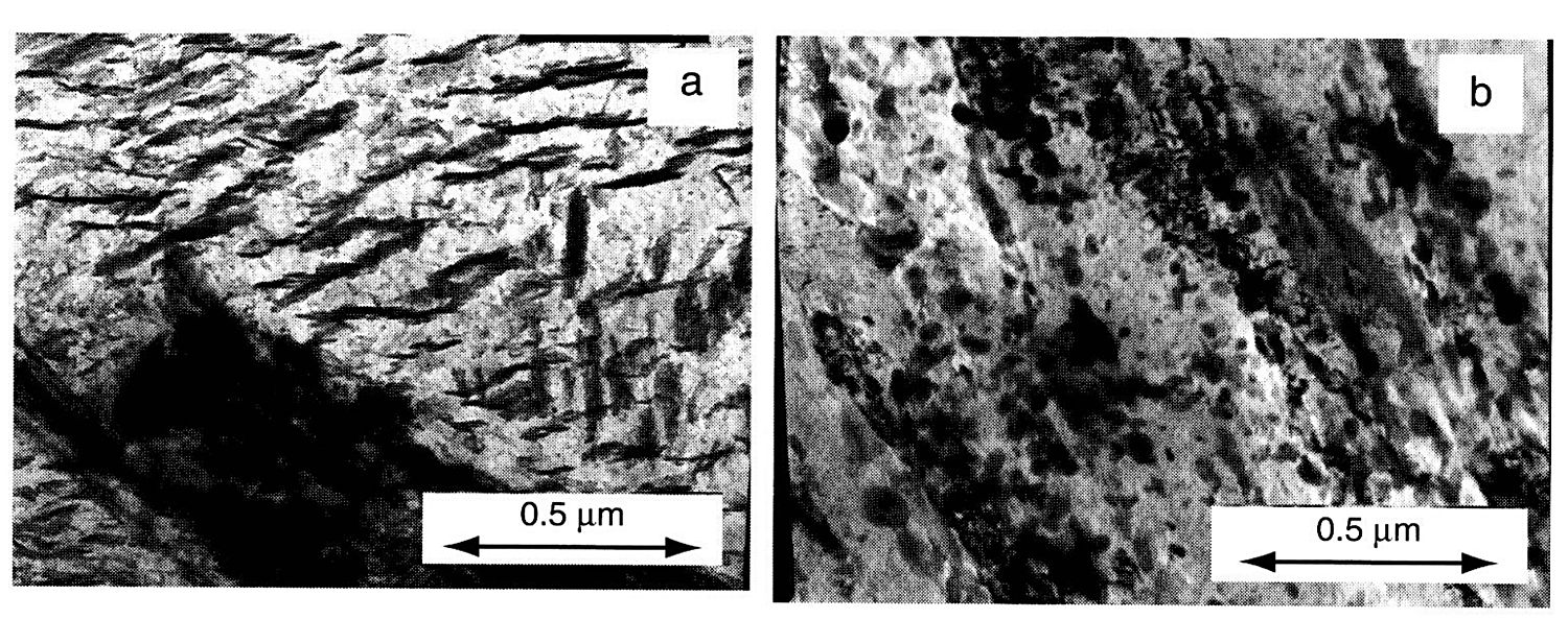 TEM of quenched and tempered 300-M steel: cementite plates inside a martensite lath after tempering at 300 C, and alloy carbides after tempering at 600 C, 0.5 micron scale bars