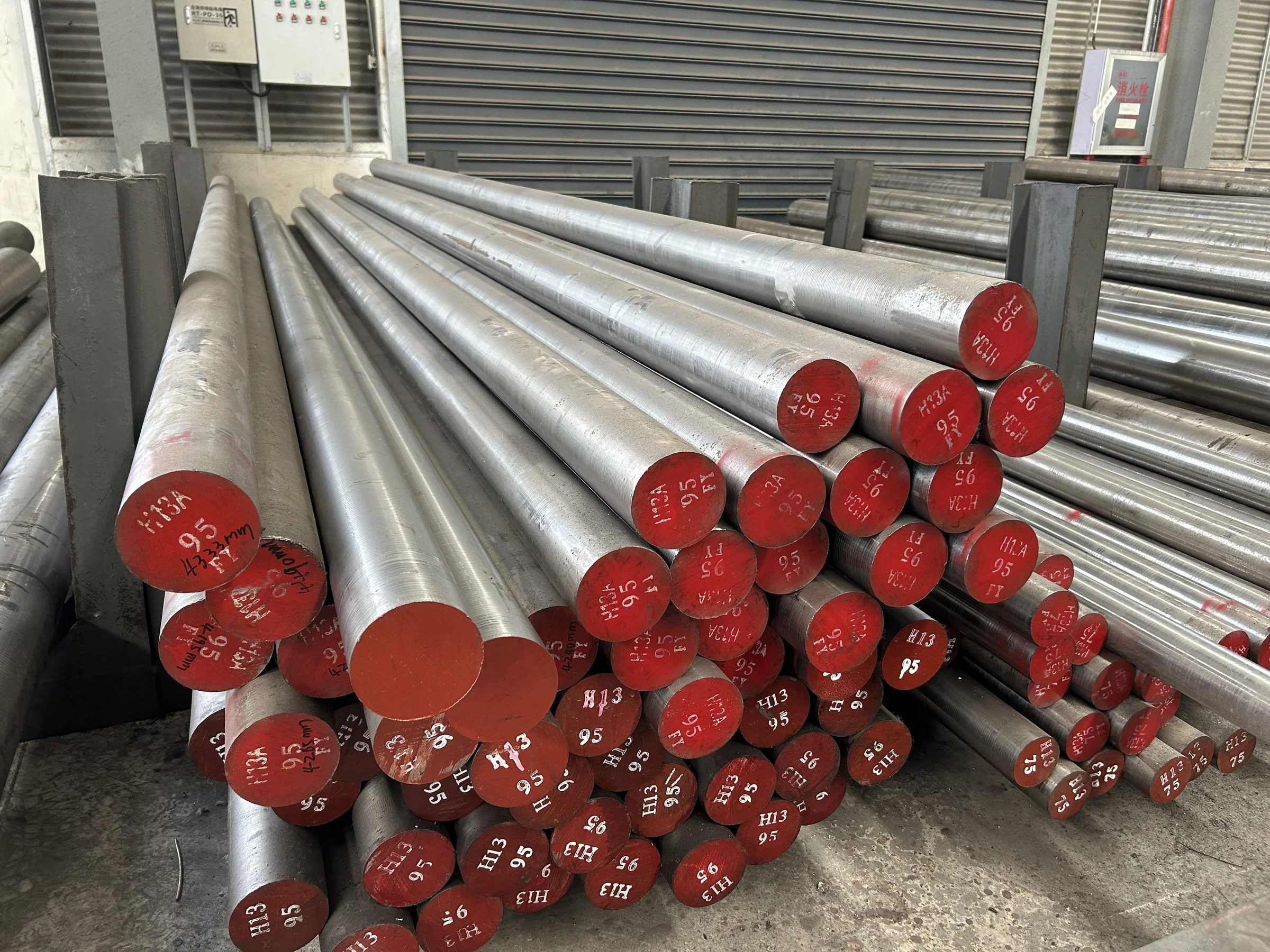 H13 tool steel round bars stacked in the Aobo Steel warehouse, Huangshi, China