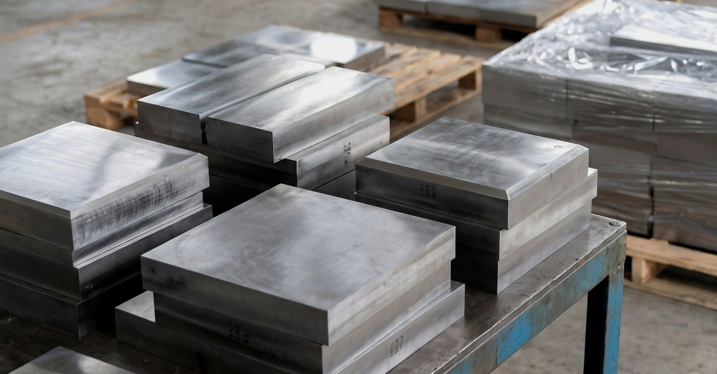 Pre-machined tool steel blocks and plates — milled square, stacked on the bench and packed on pallets